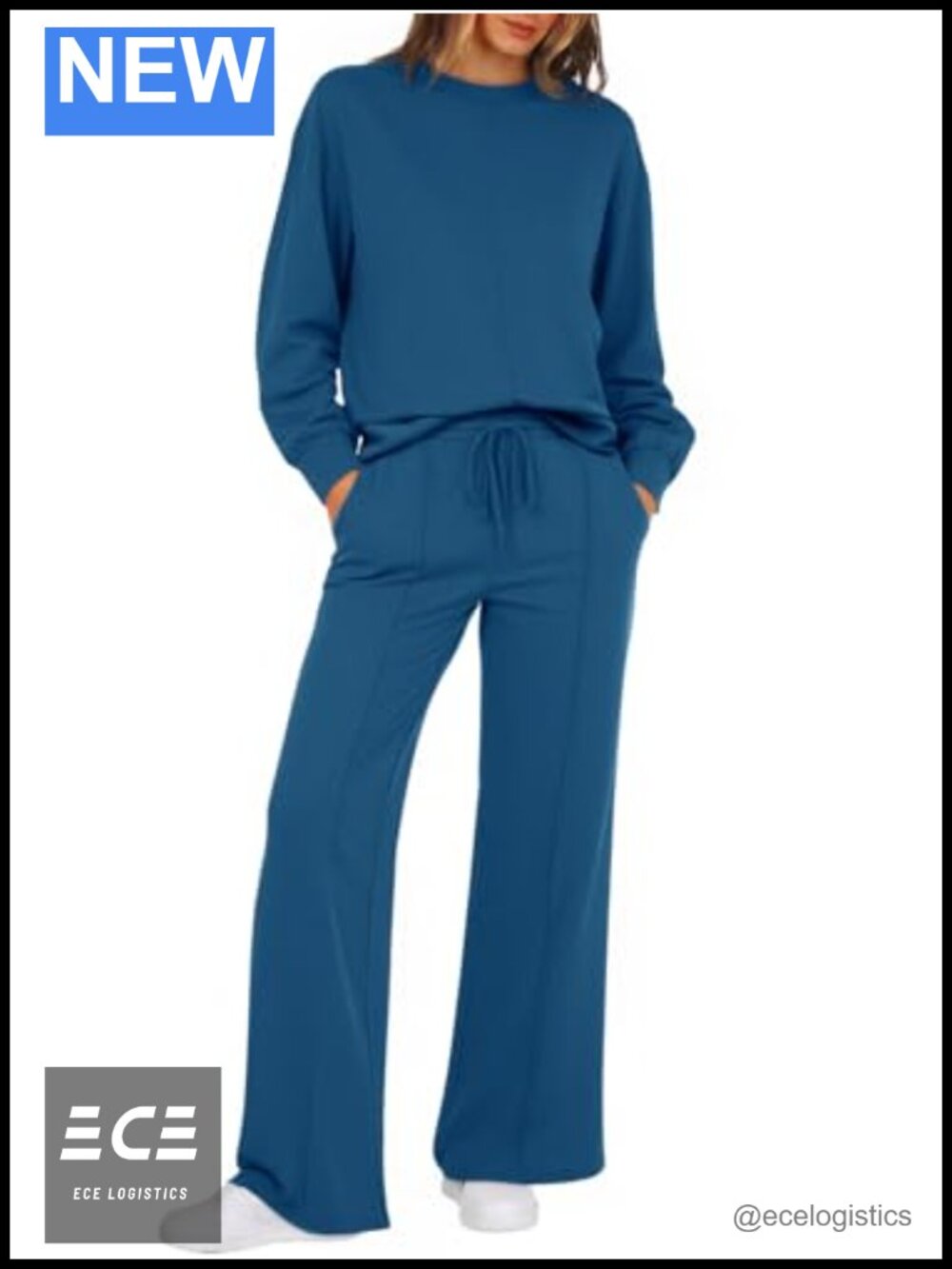 Womens 2 Piece Lounge Set Long Sleeve Top Wide Leg Pants Drawstring Loose Fit